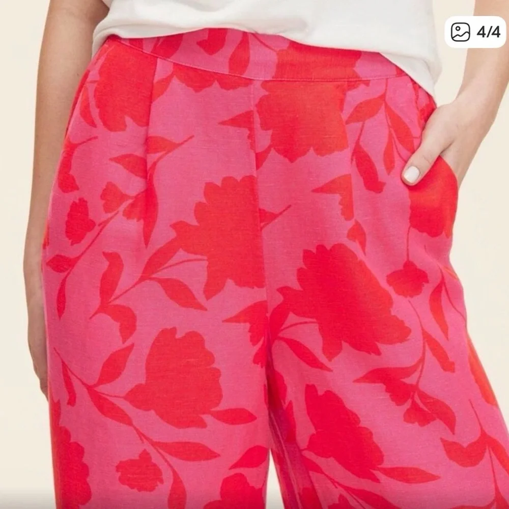 Kate Spade Classic Rose Wide-Leg Linen Floral Print Trousers Pink & Red